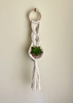 a white macrame hanging from a wall with a plant in it and a ring on the end