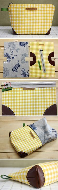 four different images of fabric bags with scissors and sewing needles in them, all lined up on top of each other