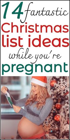 a pregnant woman in santa's hat reading a book next to a christmas tree