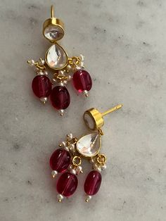 Red Round Pearl Drop Earrings, Red Pearl Drop Round Earrings, Festive Pearl Drop Earrings As A Gift, Traditional Gold-plated Pearl Earrings As Gift, Festive Pearl Drop Earrings Gift, Traditional Gold Plated Pearl Earrings For Gift, Red Chandelier Earrings As Gift, Festive Red Gold Plated Jewelry Sets, Festive Red Gold-plated Jewelry Sets