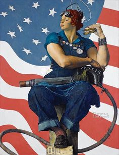 a painting of a woman sitting on top of a fire hydrant in front of an american flag