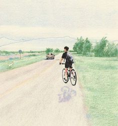 a drawing of a man riding a bike down a road next to a dog and car