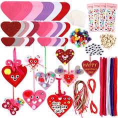 valentine's day crafts and decorations are displayed on a white background, including heart shaped lollipops