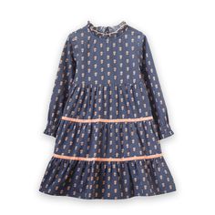 Girls' Long Sleeves Tiered Skirt Dress with Velvet Trim | Orange Flora - Beet World Cotton Dresses With Ruffle Hem And Ruffled Collar, Cotton Tiered Dress With Ruffles, Cotton Tiered Dress With Ruffle Hem, Fall Dresses With Ruffle Hem And Tiered Shape, Cotton Tiered Midi Dress With Ruffle Hem, Blue Cotton Dress With Ruffled Skirt, Tiered Cotton Ruffle Dress, Cotton Ruffle Dress With Tiered Skirt, Fitted Ruffled Tiered Dress For Fall