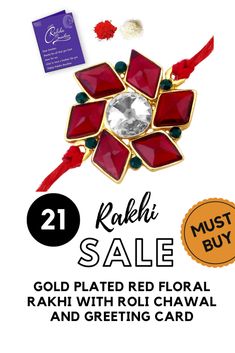 kashi sale gold plated red floral raki with roli chawal and greeting card