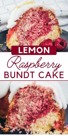 lemon raspberry bundt cake on a black plate