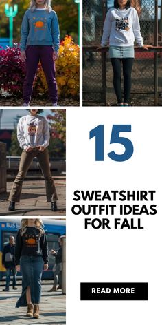 Looking for cute fall outfits?. These 15 stylish sweatshirt outfit ideas are perfect for this year. Save this for later and follow us for more fall outfit ideas. Cheap Customizable Sweatshirt For Fall, Fall Graphic Print Hoodie With Crew Neck, Casual Fall Sweatshirt For Customization, Cheap Outdoor Fall Sweatshirt, Sweat-resistant Long Sleeve Sweatshirt For Fall