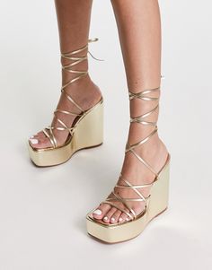 Shoes by ASOS DESIGN Dress from the feet up Tie-leg fastening Open toe Platform sole High wedge heel Wedge Heels Outfit Dress, Wedge Heels Outfit, Goddess Sandals, Senior Hoco, Hoco Inspo, White Wedge Sandals, Wedge Shoe, Gold Wedges, Shoe Ideas