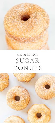 cinnamon sugar donuts are stacked on top of each other with the words cinnamon sugar donuts above them