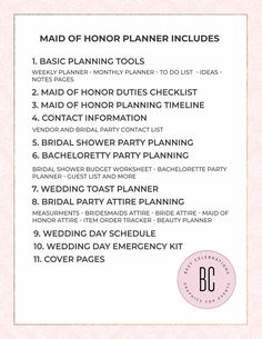 the bride's bridal party planning checklist is shown in pink and white