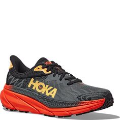 The best all-terrain ride are these  1134497-CFLM Hoka Men's Challenger 7 Bellwether Running Shoes.  Combining a simplified mesh upper with a soft new foam, we've increased the stack height for a plusher feel and added proprietary rubber to the bottom unit, along with a reimagined outsole design.  Engineered Mesh Recycled Poly Laces Compression Molded Eva Foam Midsole  American Podiatric Medical Association (APMA) Seal of Acceptance Durabrasion Rubber 4mm Lugs Extended Heel Pull  1134497-CFLM Hoka Men's Challenger 7 Bellwether Running Shoes - Castlerock/Flame Orange Running Shoes With Air Cushioning For Trail, Orange Trail Running Shoes With Air Cushioning, Sporty Carbon Trail Running Shoes, Orange Trail Running Shoes With Air Cushioning For Sports, Dynamic Mesh Running Shoes With Vibram Sole, Dynamic Carbon Sneakers For Trail Running, Dynamic Mesh Trail Running Shoes With Air Cushioning, Orange Trail Running Shoes With Vibram Sole, Carbon Color Functional Running Shoes For Sports