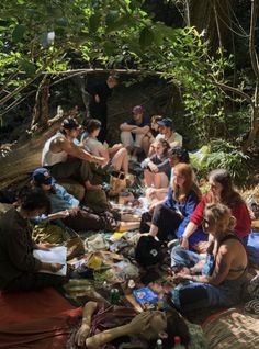 a group of people sitting on the ground in the woods