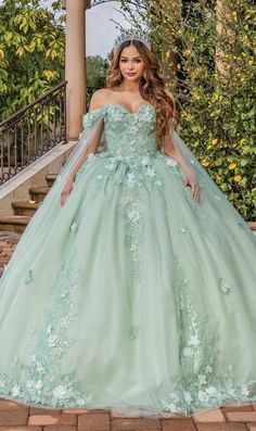 Sage green pastel quinceanera dress with off the shoulder straps and sweetheart neckline. Green Queen Dress, Pastel Quinceanera Dresses, Mint Green Quinceanera Dresses, Green Quince Dress, Blue Quince Dress, Mint Quinceanera Dresses, Quinceanera Stuff, Ball Gowns Fantasy, Green Quinceanera Dresses