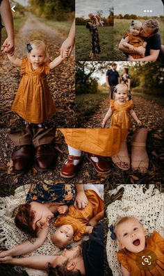 a collage of photos with two children holding hands and one baby laying on the ground