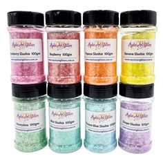 six different colors of glitter in small jars