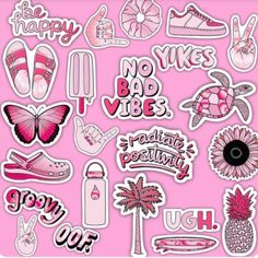 various stickers are shown on a pink background