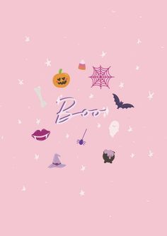 a pink background with various halloween items and the word booo on it's side