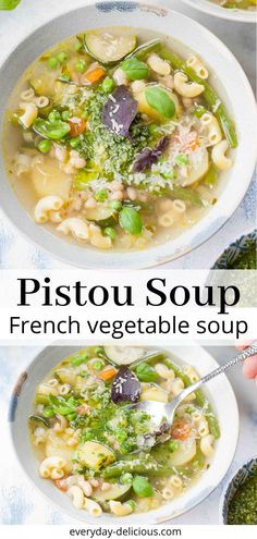 two pictures showing different types of soup in white bowls