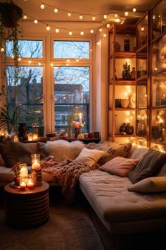 a living room filled with furniture and lots of lights