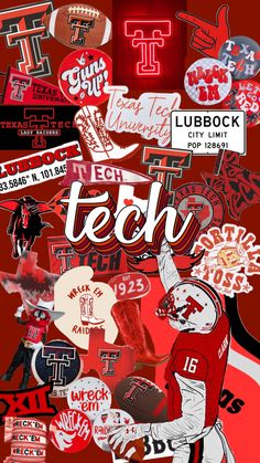 a collage of football stickers with the words tech on them in white and red