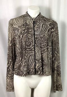 Alex Evenings paisley glitter dress jacket  Beige/taupe- with a fine black embroidered paisley design - all over glitter  Size-14WP 90% acetate-10% spandex-good 4 way stretch - very comfy on  Polester lining   Zip front  Black piping down the front and around the collar  hand wash tag  Excellent condition - Paisley Jacket, Pink Shoulder Bag, Syracuse Ny, Jacket Beige, Alex Evenings, Glitter Dress, Dress Jacket, Paisley Design, Dooney & Bourke