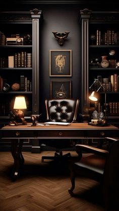 an old fashioned leather chair sits in front of a desk with bookshelves and lamps