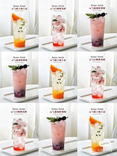 the different types of drinks are arranged in rows