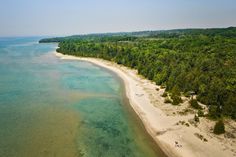 an aerial view of the beach and trees