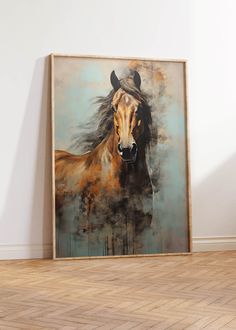 a painting of a brown horse with black manes on it's head in front of a white wall