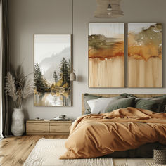 a bedroom with two paintings hanging above the bed