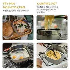 there are four pictures showing how to cook food in pots and pans on the stove