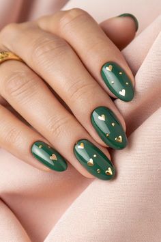 This striking nail art features a rich green base adorned with charming gold heart accents. The glossy finish enhances the playful design, making it perfect for any occasion. With its unique combination of colors and creative details, these nails are sure to make a statement. Perfect for those looking for fresh nails ideas to showcase their style! #NailArt #NailInspiration #NailDesign #NailsIdeas #GreenNails #GoldAccents #TrendyNails Fresh Nails, Golden Heart, Rich Green, Creative Nails, Green Nails, Nails Ideas, Gold Heart, Playful Design, Trendy Nails