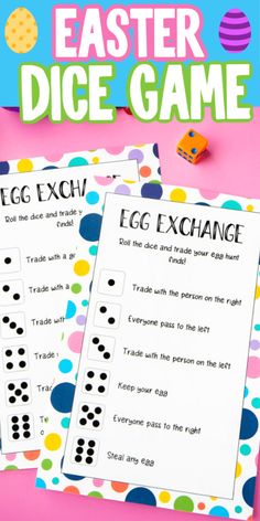 an easter dice game with the words egg exchange on it and two pieces of polka dot paper