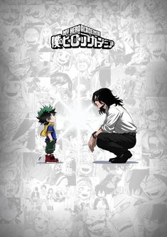 an anime poster with the characters in black and white, one is squatting down