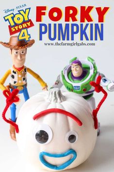 toy story 4 pumpkin with toy characters on top and the title for forky pumpkin