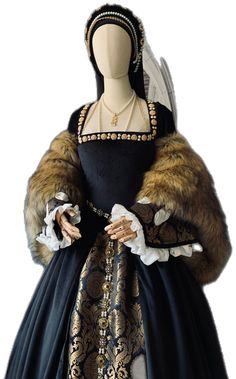 Elegant Black Costume Gown, Elegant Black Gown For Costume, Elegant Black Gown For Fancy Dress, Anne Boleyn Portrait, Gown Black And Gold, Tudor Gown, Womens Costumes, Gown Black, Anne Boleyn