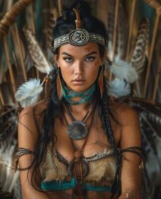 a woman with feathers on her head is sitting in front of a basket and looking at the camera