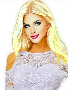 a drawing of a woman with blonde hair and blue eyes wearing a white lace top