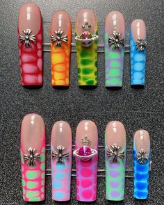 Funky Nail Ideas Long, Rave Nails Festivals, Funky Acrylic Nails, Crazy Nails Ideas, Dot Nail Art Designs, Tree Nail Art, Almond Nail Art, Hippie Nails