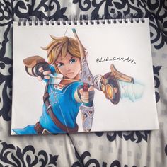 a drawing of the legend of zelda holding a bow and arrow