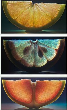 four different pictures of orange slices with the same color and shape as they appear to be cut in half