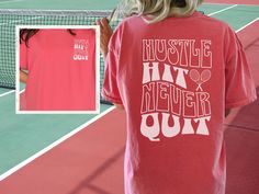 Serve up style on and off the court with our Comfort Colors tennis-themed shirt. Featuring the mantra 'Hustle, Hit, Don't Quit,' it's the perfect blend of comfort and motivation for your game. Crafted with the utmost care, this Unisex Graphic Tee is made from premium Comfort Colors fabric, ensuring a soft, cozy feel that keeps you comfortable throughout your game. Whether you're hitting the courts for a fierce match or simply want to flaunt your love for tennis in style, this Tennis Shirt is your go-to choice.  Made with 100% with ring-spun cotton, this soft-washed, garment-dyed fabric brings extra coziness to your wardrobe while the relaxed fit makes it an excellent daily choice. The double-needle stitching throughout the tee makes it highly durable while the lack of side-seams helps the Tennis Graphic, Tennis Coach Gift, Tennis Shirt, Tennis Coach, Don't Quit, Tennis Shirts, Coach Gift, Tennis Player, Tshirt Design