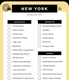 the new york to - do list is shown in black and white with yellow background