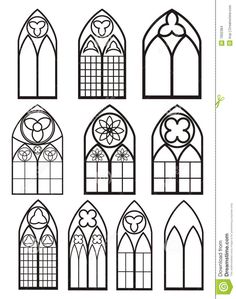 a set of nine stained glass windows in different styles and sizes, each with an intricate design