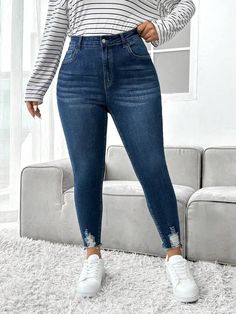 Details:Button \nDetails:Pocket \nDetails:Ripped \nDetails:Zipper \nClosure Type:Zipper Fly \nColor:Blue \nPattern Type:Plain \nType:Skinny \nTemperature:Late Fall (10-17℃/50-63℉) \nWaist Line:High Waist \nLength:Long \nFit Type:Skinny \nFabric:Medium Stretch \nMaterial:Denim \nComposition:57% Cotton \nComposition:27% Polyester \nComposition:11% Viscose \nComposition:3% Lyocell \nComposition:2% Elastane \nCare Instructions:Machine wash, do not dry clean \nLined For Added Warmth:No \nSheer:No \nLining:100% Polyester \n Casual Denim Jeans, Sleeveless Tops Summer, Winter Jeans, Late Fall, Jeans Casual, Dark Blue Jeans, Distressed Denim Jeans, Womens Tights, Plus Size Jeans