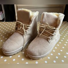 Beige/Tan Fuzzy Boots, Great Condition, Never Worn Casual Cream Lace-up Boots For Winter, Fuzzy Boots, Women Shoes, Cream, Boots, Women Shopping, Quick Saves, Color