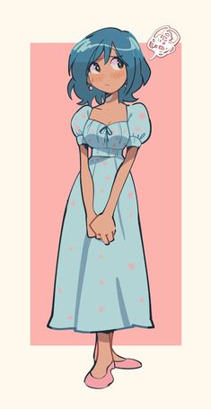 a drawing of a girl in a blue dress with her hand on her hip, looking at