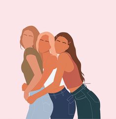 three women hugging each other in front of a pink background