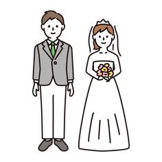 a bride and groom standing next to each other in front of a white background,