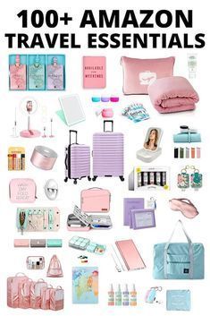 an advertisement for the amazon travel essentials range, with pink and blue items on it